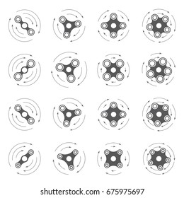 Set of fidget hand spinner monochrome icon with arrows. Two, three, four, five arms toy for stress relief and improvement of attention span. Design for banner, poster, advertising. Vector illustration