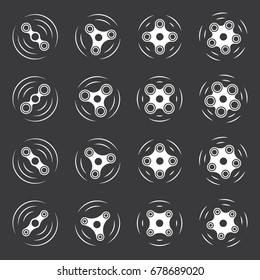 Set of fidget hand spinner monochrome icons. Two, three, four, five arms toys for stress relief and improvement of attention span. Design for banner, poster, advertising. Vector illustration