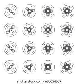 Set of fidget hand spinner monochrome icons. Two, three, four, five arms toys for stress relief and improvement of attention span. Design for banner, poster, advertising. Vector illustration