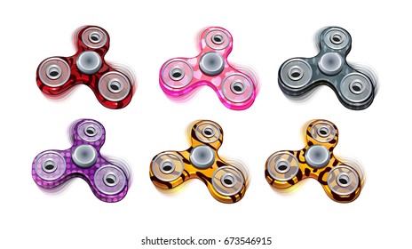 Set of fidget hand spinner. Six arms toys for stress relief and improvement of attention span. Design for banner, poster, advertising. Different print and color. Vector illustration.