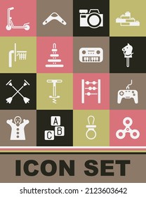 Set Fidget spinner, Gamepad, Toy horse, Photo camera, Pyramid toy, Basketball backboard, Scooter and piano icon. Vector