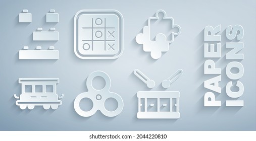 Set Fidget spinner, Puzzle pieces toy, Passenger train cars, Drum with drum sticks, Tic tac toe game and Toy building block bricks icon. Vector