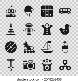 Set Fidget spinner, Tumbler doll toy, Rubber duck, Tic tac toe game, Robot, Pyramid,  and Toy puppet on hand icon. Vector