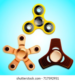 Set of fidget spinners, toys consisting of ball-bearing in center of multi-lobed flat structure made from metal or plastic designed to spin along axis vector icons