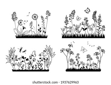  Set of field flowers. Collection of summer plants with insects. Floral glade with grass and plants. Vector illustration of vinyl sticker on the wall.