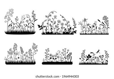 Set of field flowers. Collection of summer plants with insects. Floral glade with grass and plants. Wild flower. Vector illustration of vinyl sticker on the wall.