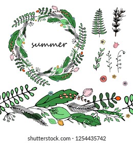 
set of field herbs and flowers. seamless brush, wreath and single elements