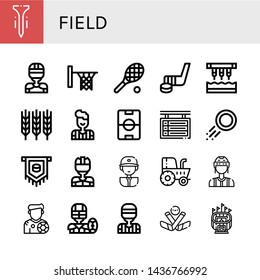 Set of field icons such as Tee, Hockey player, Hoop, Tennis, Hockey stick, Seeder, Wheat, Referee, Football field, Scoreboard, Puck, Baseball player, Tractor, Footballer , field