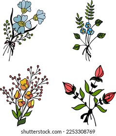 Set of field and meadow wild flowers. Botanical design elements of blooming wildflowers with leaves. Floral clip art sprigs. Decorative herb plants. Colored flat vector illustration isolated on white