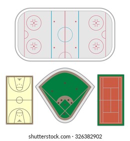 A set of fields with the markings for playing hockey, tennis, baseball, basketball vector illustration.