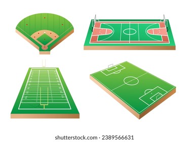 Set of fields for summer sports games (Football, basketball, baseball). Vector 3d illustration