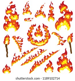 Set of fier elements: bonfire, fire, torch, flambeau, camp fire, ring of fire, sparks. Cartoon stiyle. Big collection for your disign, FX effects, tattoo, vinyl or stickers.