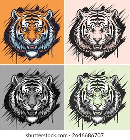 Conjunto de ilustrações de cabeça de tigre feroz com fundo estilo arte de rua, design vetorial para impressões de t-shirt e vestuário