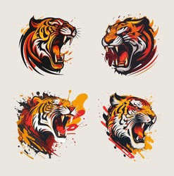 Set Of Fierce Tiger Heads With Wide Open Roaring Mouth