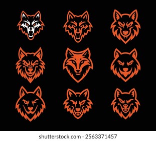 Set of Fierce Wolf Head Vector Logos – Modern Orange and Black Wolf Emblem Designs for Gaming, Sports, and Branding