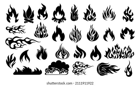 A set of fiery tongues of flame. Collection of hot flaming element. Isolated silhouettes on a white background