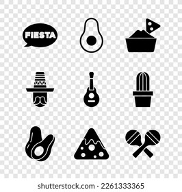 Set Fiesta, Avocado fruit, Nachos in bowl, Maracas, Mexican man sombrero and guitar icon. Vector