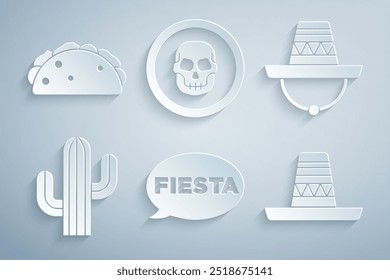 Set Fiesta, sombrero mexicano, cactus, cráneo de moneda y Taco con icono de tortilla. Vector