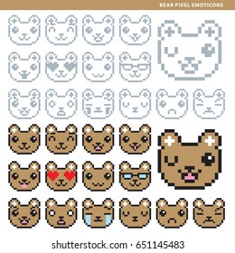 Set of fifteen bear emoticons with different expressions in gray and colorful style.
