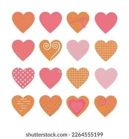Set of fifteen beautiful pink hearts, isolated on white for your graphic design. Hand drawn. Vector illustration.