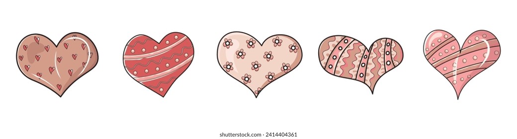 Set of fifteen beautiful pink hearts, isolated on white for your graphic design. Hand drawn. Vector illustration.