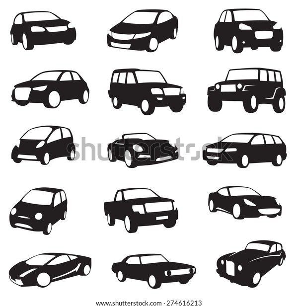 set of fifteen black
cars silhouettes