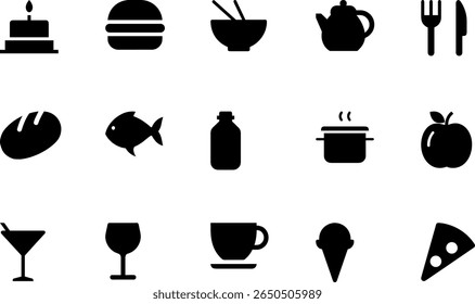 A set of fifteen black silhouette icons representing various food and drink items.