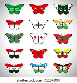 Set with Fifteen butterflies with flags of Asian countries