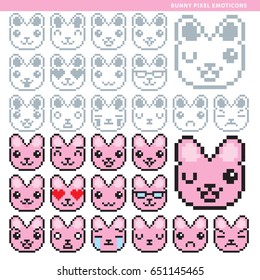 Set of fifteen cat emoticons with different expressions in gray and colorful style.