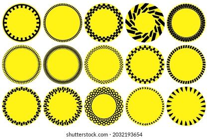 Conjunto de quince ilustraciones vectoriales circulares en blanco de advertencia o etiquetas en el esquema de color negro y amarillo sobre un fondo blanco aislado