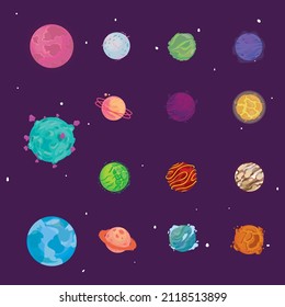 set of fifteen colored planets