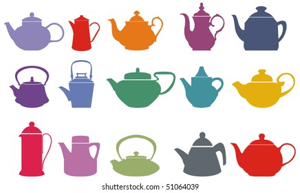 Set of fifteen colorful vector teapots