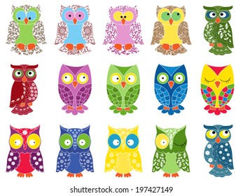 Set of fifteen colourful vector owls with lace ornamental bodies and without contour lines, isolated on white background