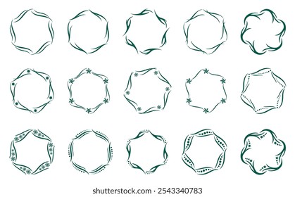 A set of fifteen decorative frames with wavy lines, dots, snowflakes and stars. Round borders of decorative elements. Vector circle pattern. Designer decorations for holiday cards and invitations.