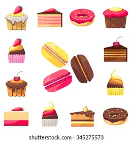 Set of fifteen delicious desserts. Can be used for a dessert menu. Assorted confectionery.Yummy cupcakes, donuts and muffins. Have a snack. Tasty sweets. Collection of bakery products. Vector