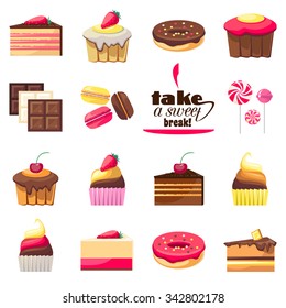 Set of fifteen delicious desserts. Yummy cupcakes, caramel lollipops, donuts, muffins and all kinds of chocolate. Can be used for a dessert menu. Sweets with fruit. Assorted confectionery. Vector