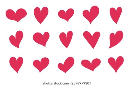 A set of fifteen different hand-drawn red hearts. Perfect for Valentine's Day designs, wedding invitations, greeting cards, websites, and other romantic projects. Vector illustration.