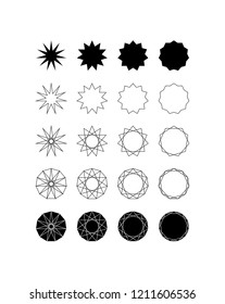 Set of fifteen different styles of eleven pointed star (hendecagram) and hendecagon.