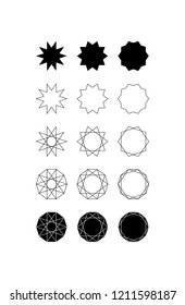 Set of fifteen different styles of ten pointed star (Decagram) and Decagon.