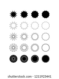 Set of fifteen different styles of twelve point star (Dodecagram) and Dodecagon.