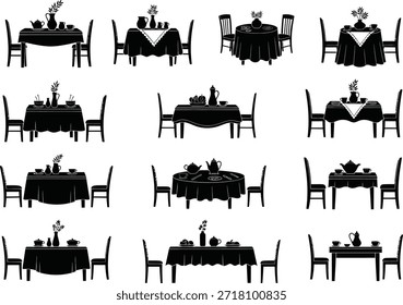 Set of Fifteen Dining Table Silhouettes with Chairs and Tableware