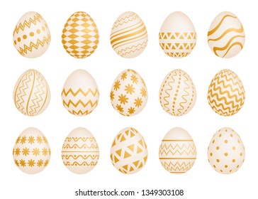Set of Fifteen Easter eggs with gold texture on a white background. Vector illustration