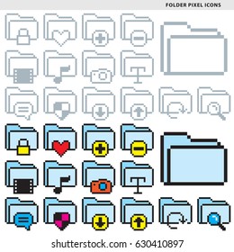 Set of fifteen folder pixel icons in monochromatic and colorful styles.