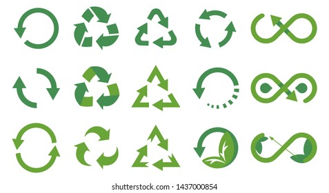 Set of fifteen green vector icons of recycle signs.