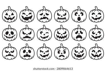 Set of fifteen jack o lantern halloween pumpkins with halloween jackolantern emotions vegetable trickortreat collection