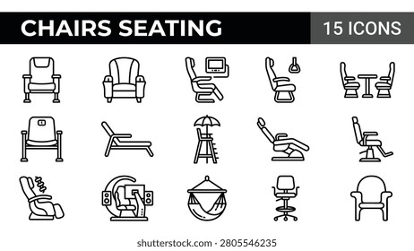 A set of fifteen linear icons representing various types of chairs and seating furniture.