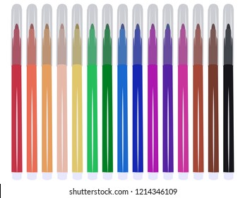 Set of fifteen markers with basic colors for drawing and painting. For sale and advertising markers and drawing them. Felt-tipped pen for courses on drawing. Set of markers with a cap for children.
