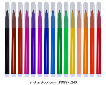 Set of fifteen markers with basic colors for drawing and painting. For sale and advertising markers and drawing them. Felt-tipped pen for courses on drawing. Set of markers with a cap for children.