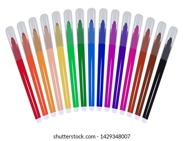 Set of fifteen markers with basic colors for drawing and painting. For sale and advertising markers and drawing them. Felt-tipped pen for courses on drawing. Set of markers with a cap for children.