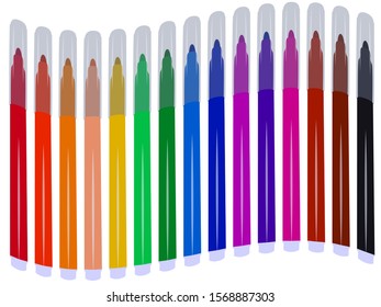 Set of fifteen markers with basic colors for drawing and painting. For sale and advertising markers and drawing them. Felt-tipped pen for courses on drawing. Set of markers with a cap for children.